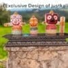 Handcrafted 4-inch neem wood Jagannath family (Jagannath, Balabhadra, Subhadra) with Ratna Singhasan, Mahaprasadam, and puja items.