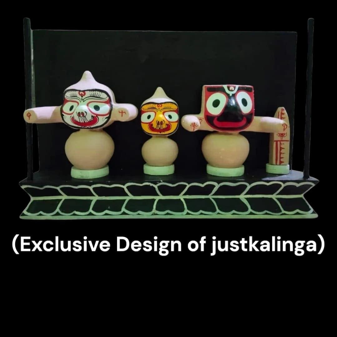 Handcrafted neem wood Jagannath family (Jagannath, Balabhadra, Subhadra, Sudarsan Chakra) Mohan Rupam, with Mahaprasadam and puja items.