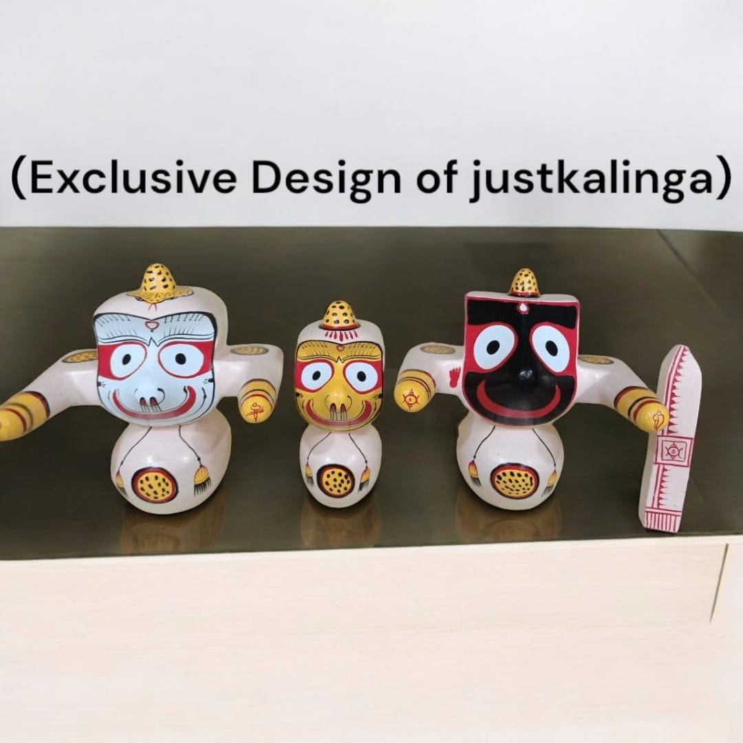 Handcrafted neem wood Mohan Rupam Jagannath Murti set featuring Lord Jagannath, Balabhadra, Subhadra, Sudarsan Chakra, with sacred accompaniments and puja guide, available in various sizes.
