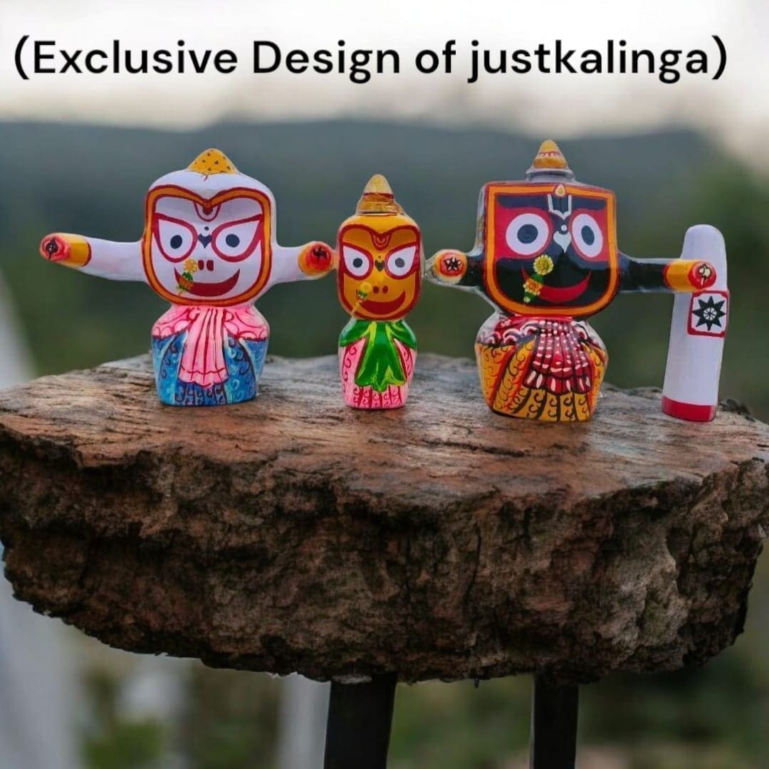 Handcrafted neem wood Gopal Ballav Jagannath Murti set depicting the playful forms of Lord Jagannath, Balabhadra, Subhadra, Sudarsan Chakra, with Nirmalya, Sanjua, dress, and puja guide.