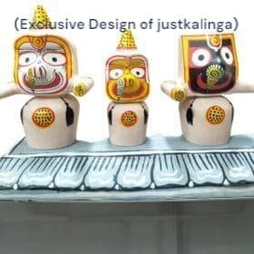 Miniature 2-inch Sweta Varnam (white) neem wood Jagannath, Balabhadra, Subhadra, and Sudarsan Chakra set. Hand-carved, eco-friendly, and spiritually significant.