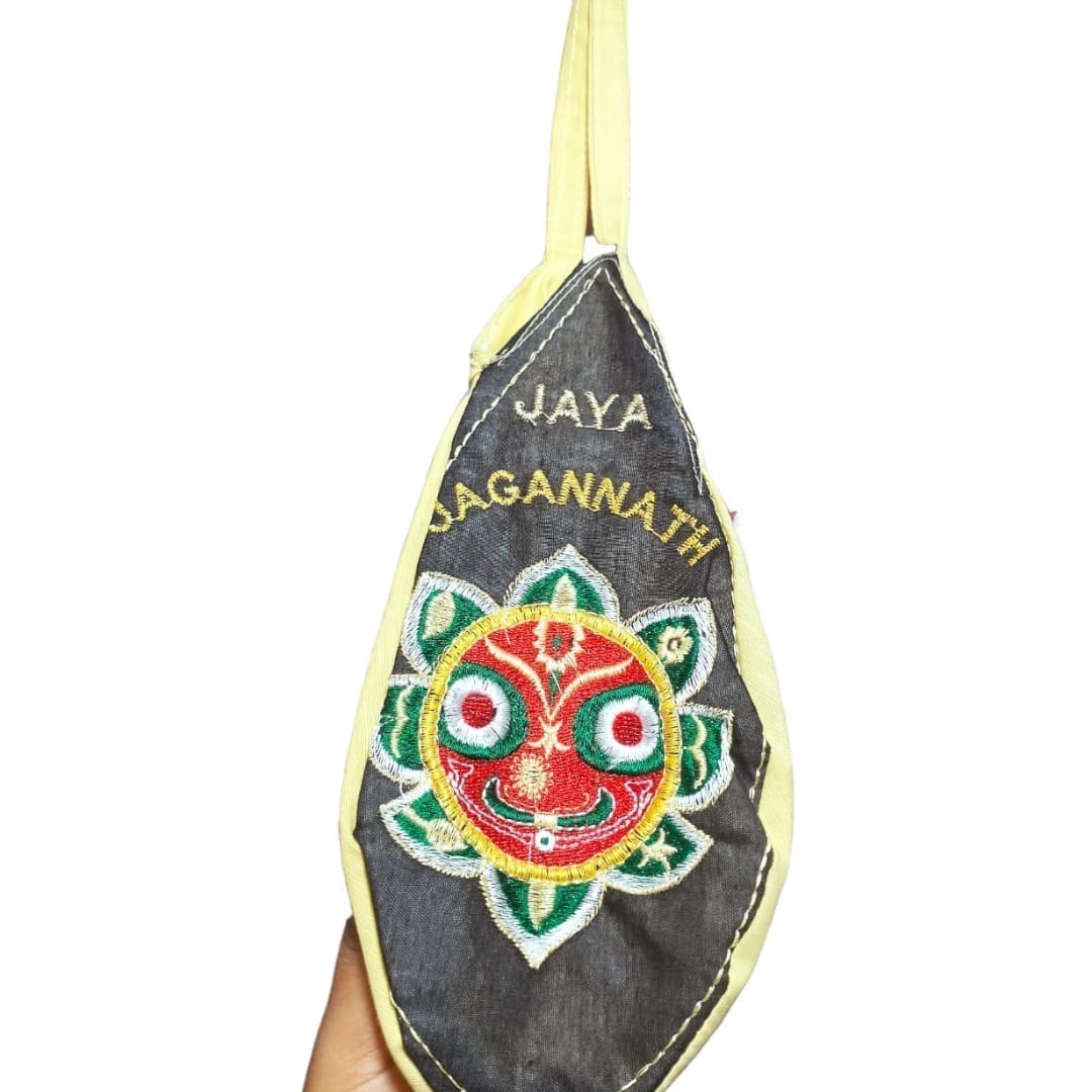 Blue cotton Japa bag with Shri Jagannath image. Ideal for carrying prayer beads and other spiritual items.