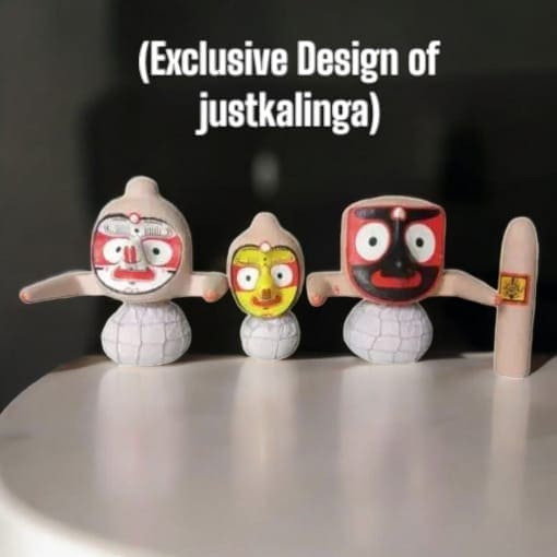 Sacred 8-inch hand-carved neem wood Jagannath family (Jagannath, Balabhadra, Subhadra, Sudarsan) with Nirmalya Mahaprasadam and puja items.
