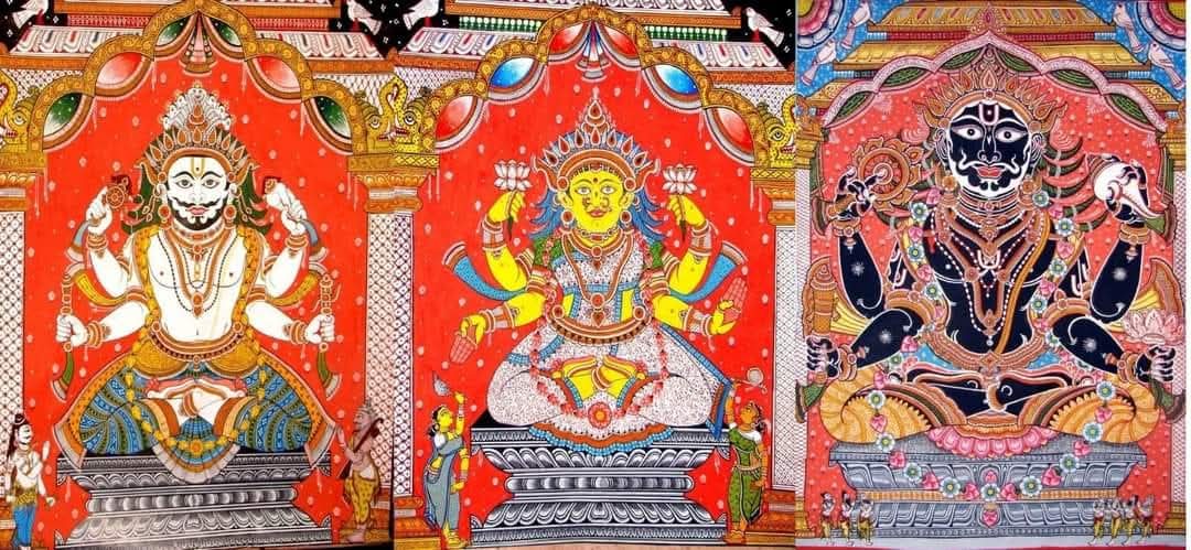 Three ornate paintings of Hindu deities, featured in the Anasar Niti article