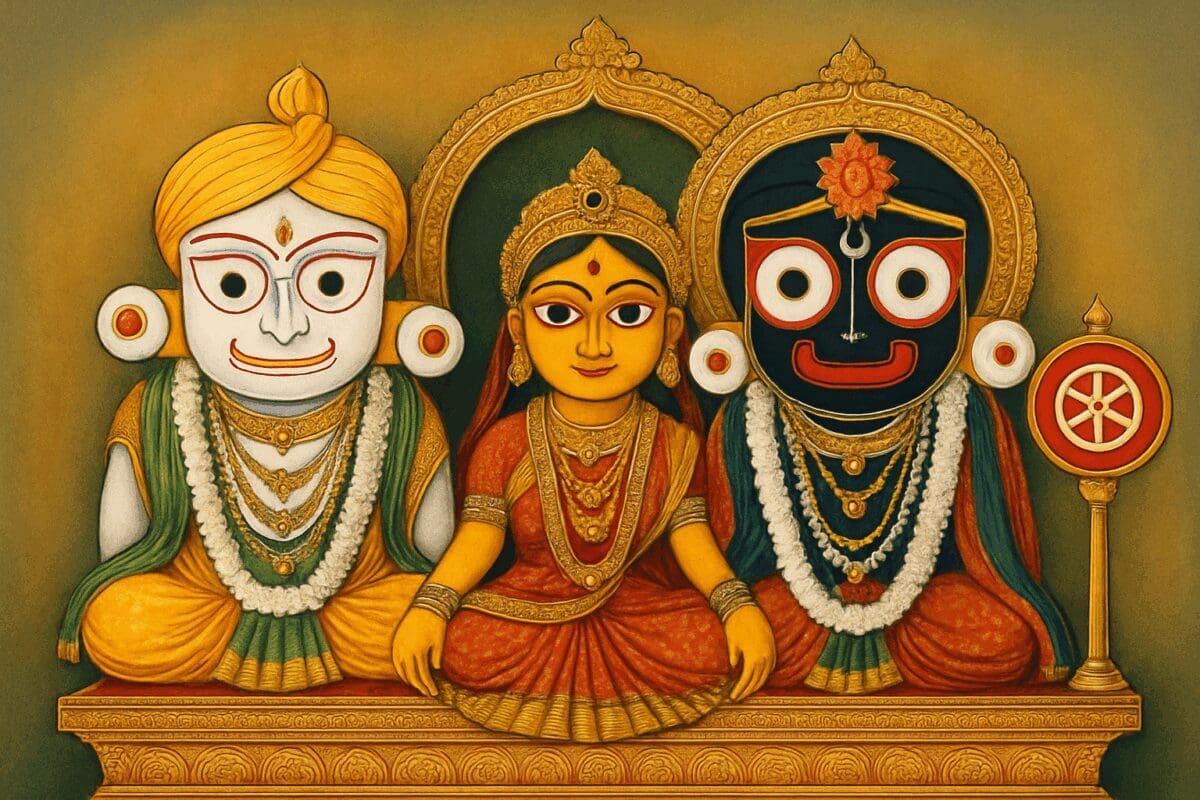 Painting of three ornate figures with stylized eyes and colorful decoration for the Chaturdhamurti article
