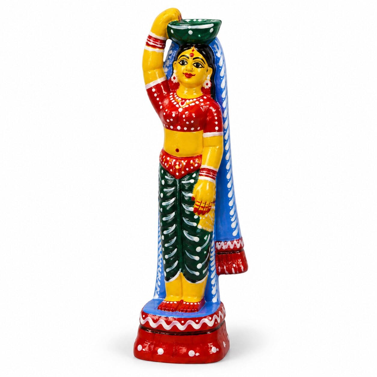 Hand-painted fiber attendant figure in traditional colours for home mandir display